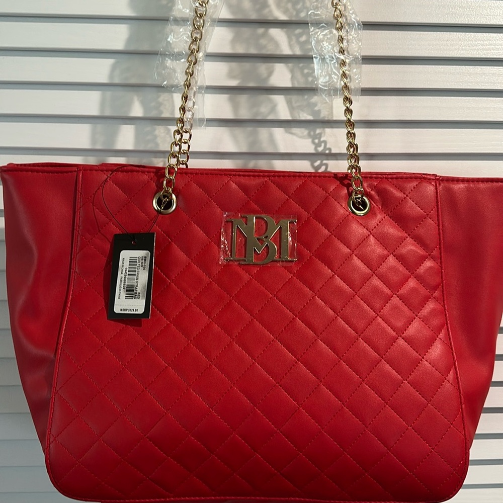 NWT Badgley Mischka Red Quilted Vegan Leather Tote Bag with Goldtone hardware.
